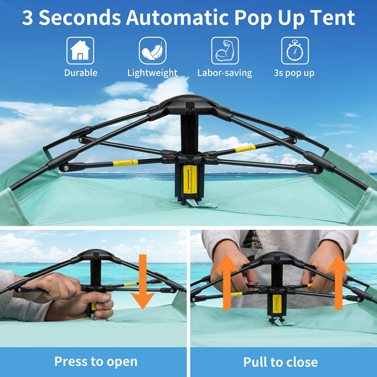 Yafaca Beach Shelter, 1-3 person automatic pop-up tent, large UV 50+ sun protection portable two-door lightweight pop-up beach tent for garden, fishing, picnic.