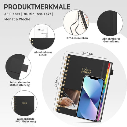 EMSHOI Calendar 2025 2026, Appointment Calendar 2025, Weekly Planner A5 with 30-minute intervals, School Planner Notebook for August 2025 to July 2026 - Black