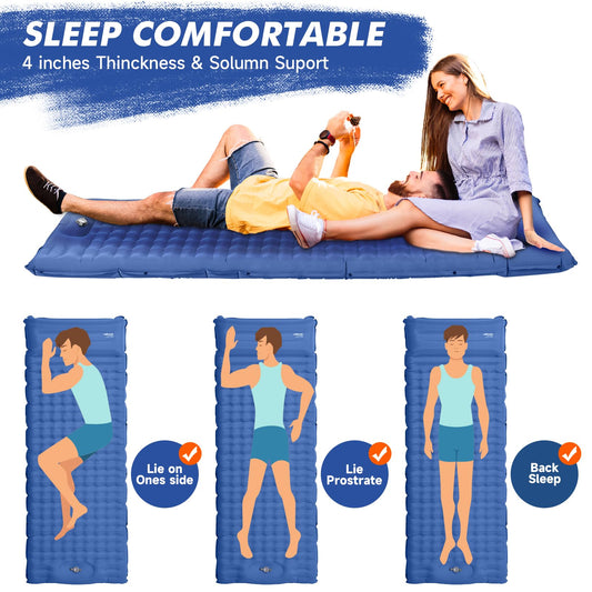 HiiPeak self-inflating camping mat 12cm thick with integrated pillow. Outdoor sleeping pad with small pack size and foot pump, inflatable air cells for high camping comfort.