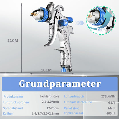 Potufa HVLP Paint Spray Gun Kit with 4 nozzles - 1.4mm & 1.7mm & 2.0mm & 2.5mm, Professional Air Paint Spray Gun Gravity Feed Sprayer with 600ml Plastic Cup (Blue)