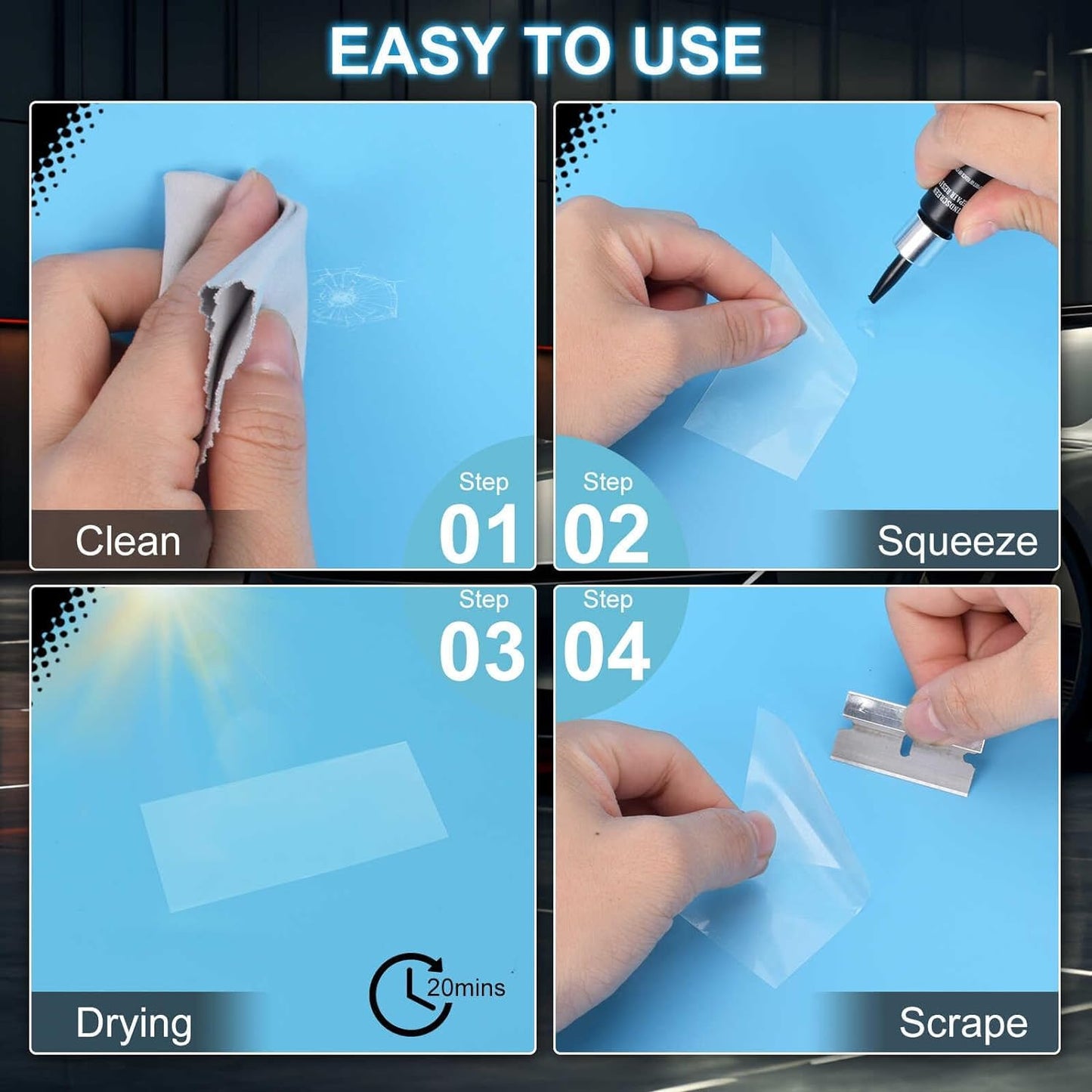 Car Windshield Repair Kit (2Pcs), Windshield Chip Crack Repair Kit, Automotive Windshield Tool for Fixing Chips, Nano Glass Repair Fluid, Star-shaped Crack.