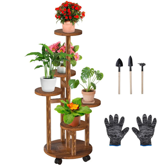 Wuciray Flower Stand Wooden Plant Stand with Wheels 5-Tier Plant Ladder Plant Shelf Flower Bench Flower Shelf Flower Stairs Balcony Shelf Indoor Outdoor Patio decor Apartment