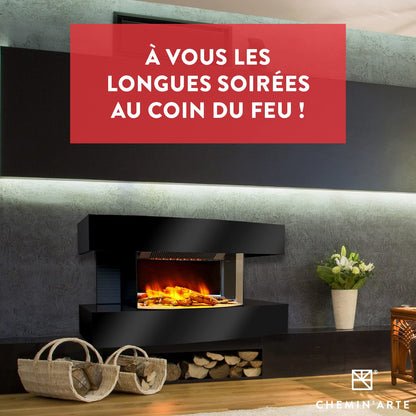 CHEMIN'ARTE Electric Fireplace - Wall Mounted Electric Fireplace - Medium Lounge with 2000W Heating - Black - Fireplace Decor - with Remote Control - LED Flame Effect