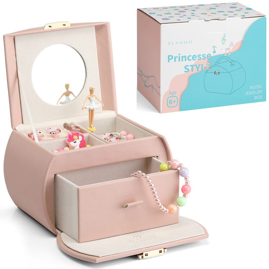 Vlando Ballerina Music Jewelry Box, Lockable Jewelry Case for Girls PU Leather with Drawers, Children's Jewelry Box, Jewelry Box with Canon Melody, Girls Gifts 6 7 8 Years
