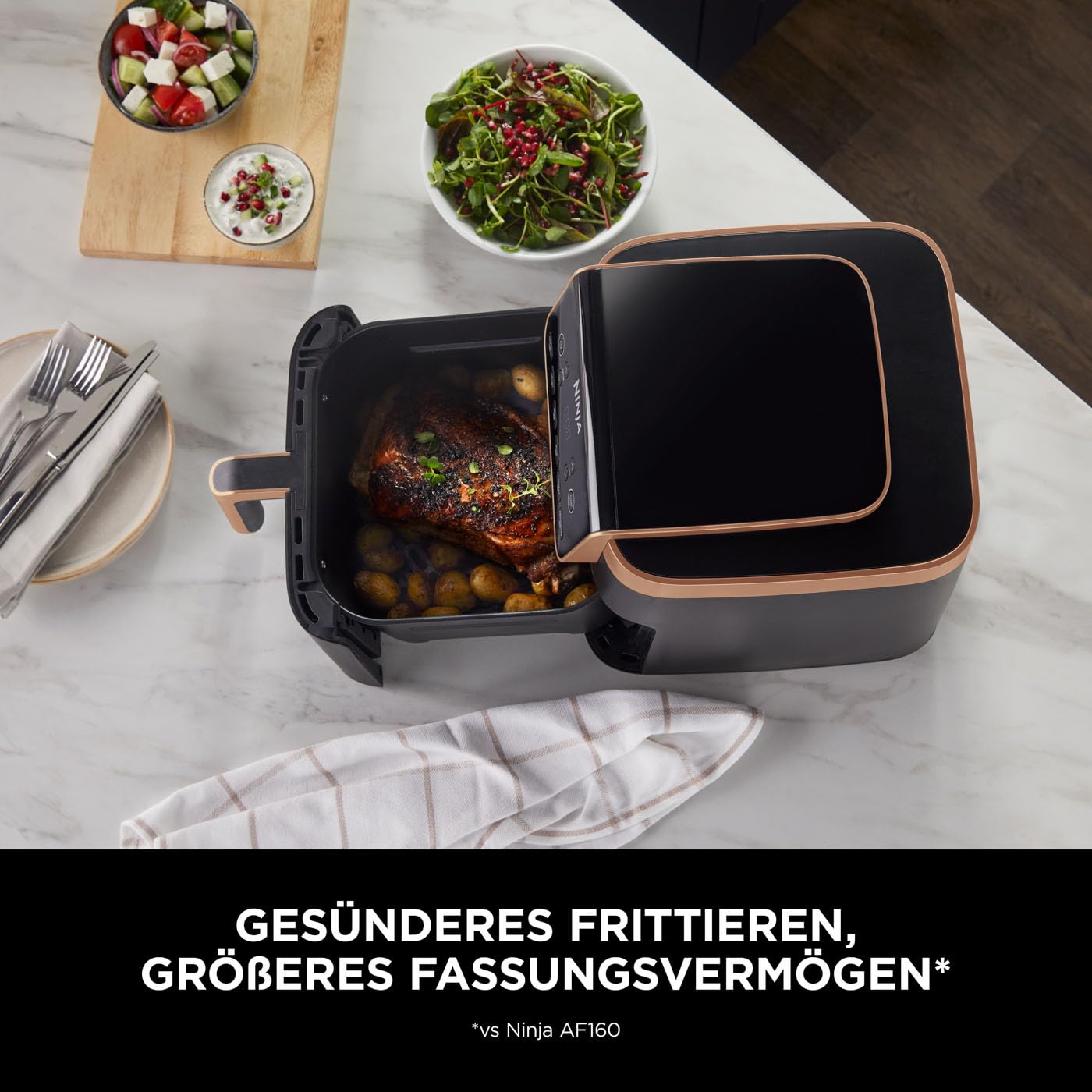 Ninja Max Pro Hot Air Fryer, 6.2L, oil-free, large drawer, roast, bake, air fry, non-stick coated, dishwasher-safe basket & crisper grid insert, silicone tongs, black/copper, AF180EUCP