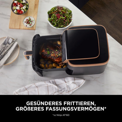 Ninja Max Pro Hot Air Fryer, 6.2L, oil-free, large drawer, roast, bake, air fry, non-stick coated, dishwasher-safe basket & crisper grid insert, silicone tongs, black/copper, AF180EUCP