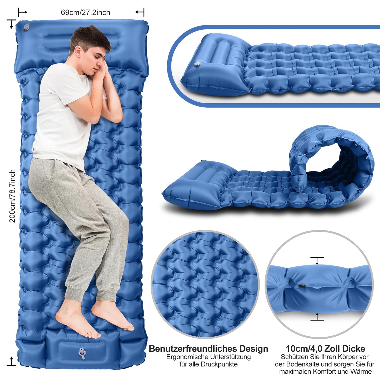 JEMULICE Self Inflating Sleeping Pad, 10CM Thick Air Mattress Camping Small Pack Size, Inflatable Mattress with Foot Pump, Self Inflating Sleeping Mat for Outdoor, Hiking, Tent, Backpack