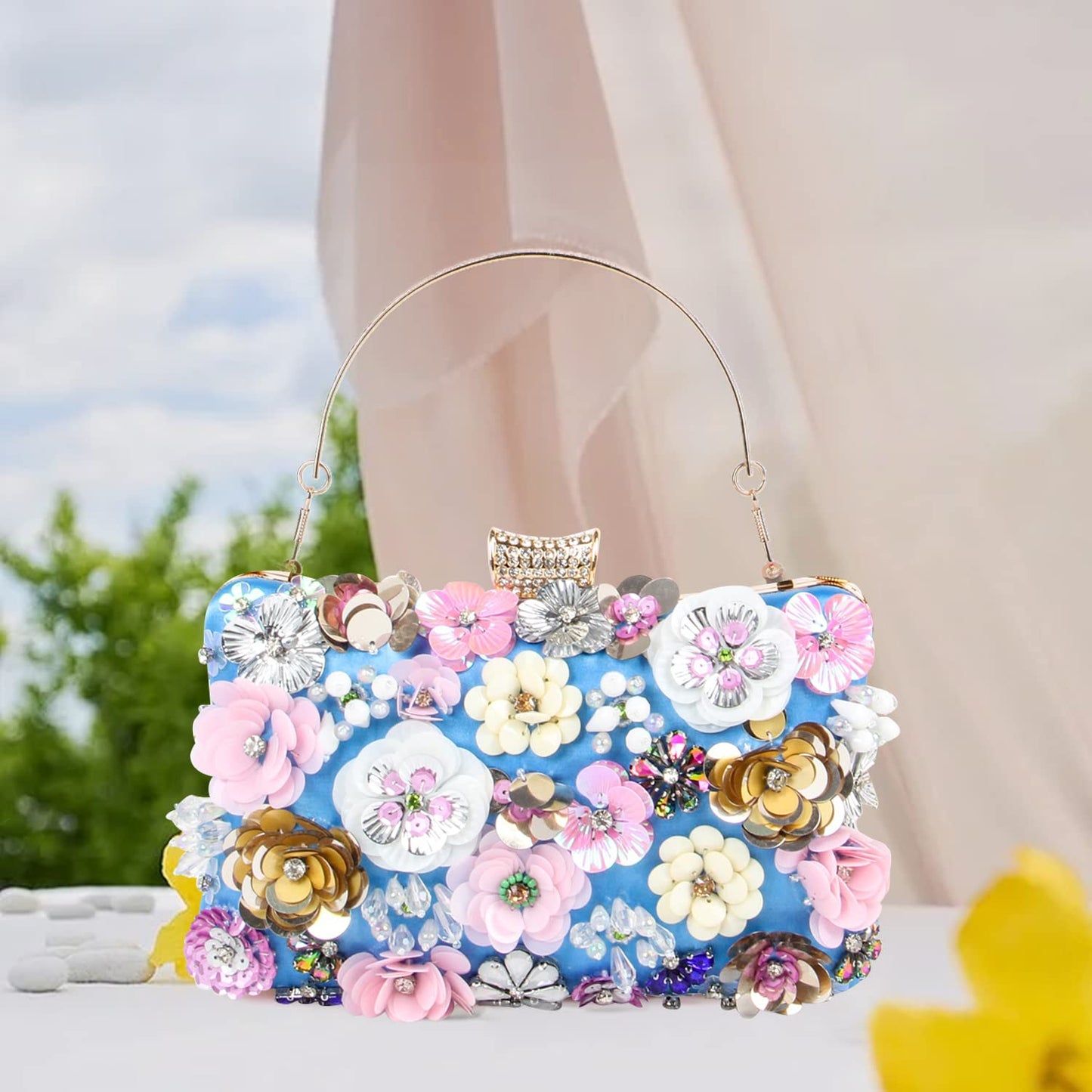 LHHMZ Women's Elegant Floral Evening Clutch Bags Floral Bead Wedding Tote Bags Bride Shoulder Handbags