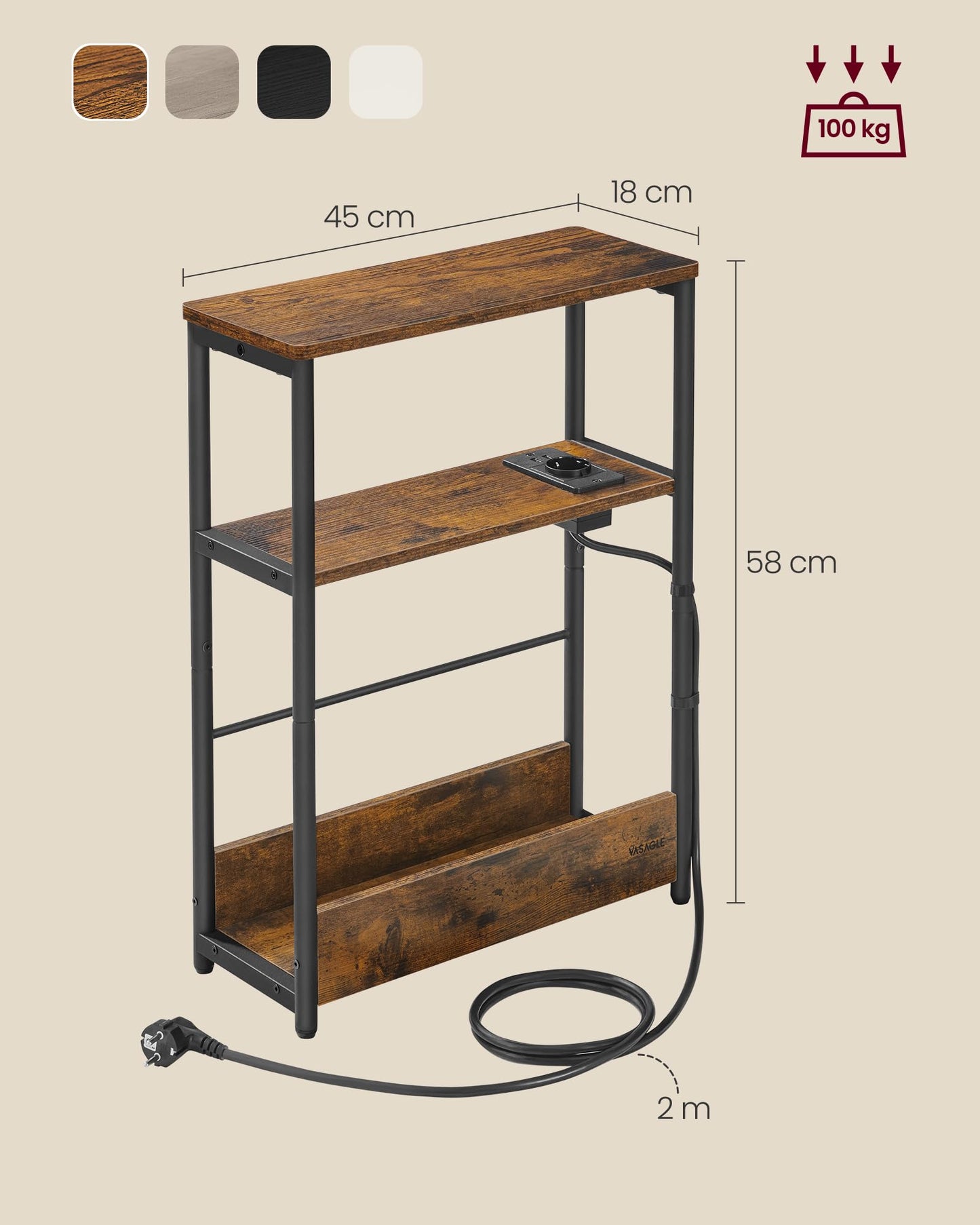 VASAGLE slim side table, nightstand with drawer, small coffee table, 3 shelves, magazine holder, for living room, bedroom, study, vintage brown-ink black LET335K02