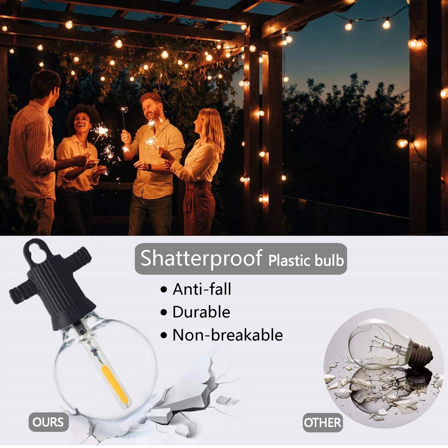 ZOTOYI 7.6M string lights with 12 bulbs and 1 spare bulb, IP65 waterproof G40 outdoor bulb string lights, 2700K warm white LED string lights for garden, terrace, trees, yard, patio, party.
