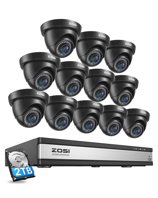 ZOSI 16CH 1080P Surveillance Camera Set with 2TB HDD DVR and 12X 2MP Dome Camera Outdoor Surveillance System, 24m IR Night Vision, Motion Alarm