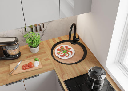 PRIMAGRAN Round Black Sink 53x53cm, Round Sink 1 Basin + Kitchen Faucet 40x20cm + Accessory Set, Kitchen Sink for 50cm Base Cabinet - Pisa Max S031