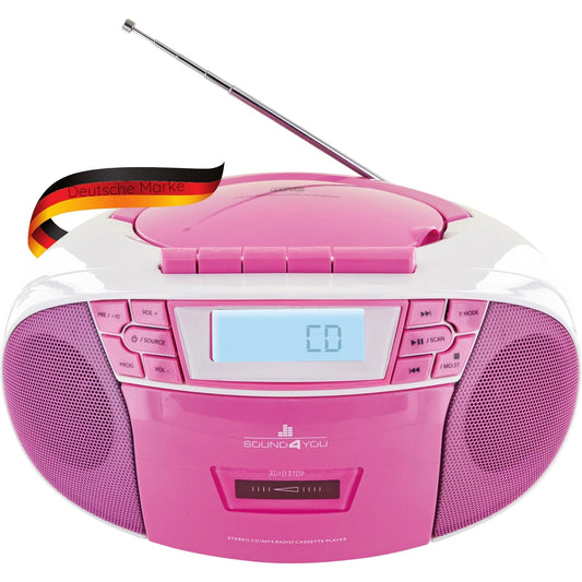 SCHWAIGER 661668- Portable CD Player with cassette and radio, MP3 USB connection, FM radio, AUX, headphones, boombox stereo for home and on the go, mains and battery operation, display