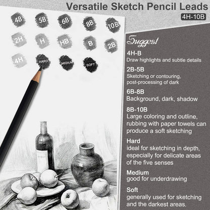 Surcotto Pencil Set, 21 pencils with 1 sharpener, 2 erasers, 1 extender, 3 paper stumps. Professional drawing set for beginners, metal case, range from 10B to 4H, total of 30 pieces.