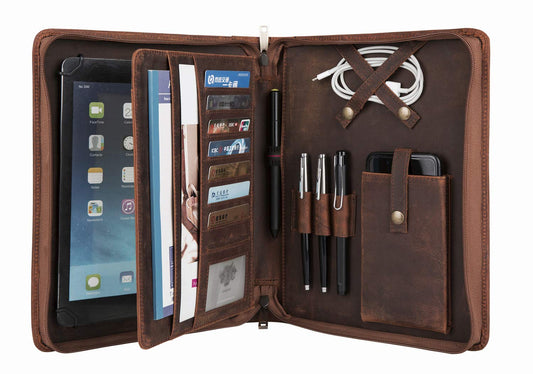 Conference folder A5, leather document case with a5 clipboard/note pad, document organizer folder for iPad Pro 9.7/10.5/11 inches, business/meeting/school folder.