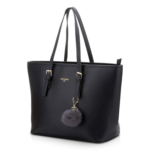 LI&HI Women's Handbag Elegant Shopper for School Black with Pom Pom 34 x 29 x 15.5 cm