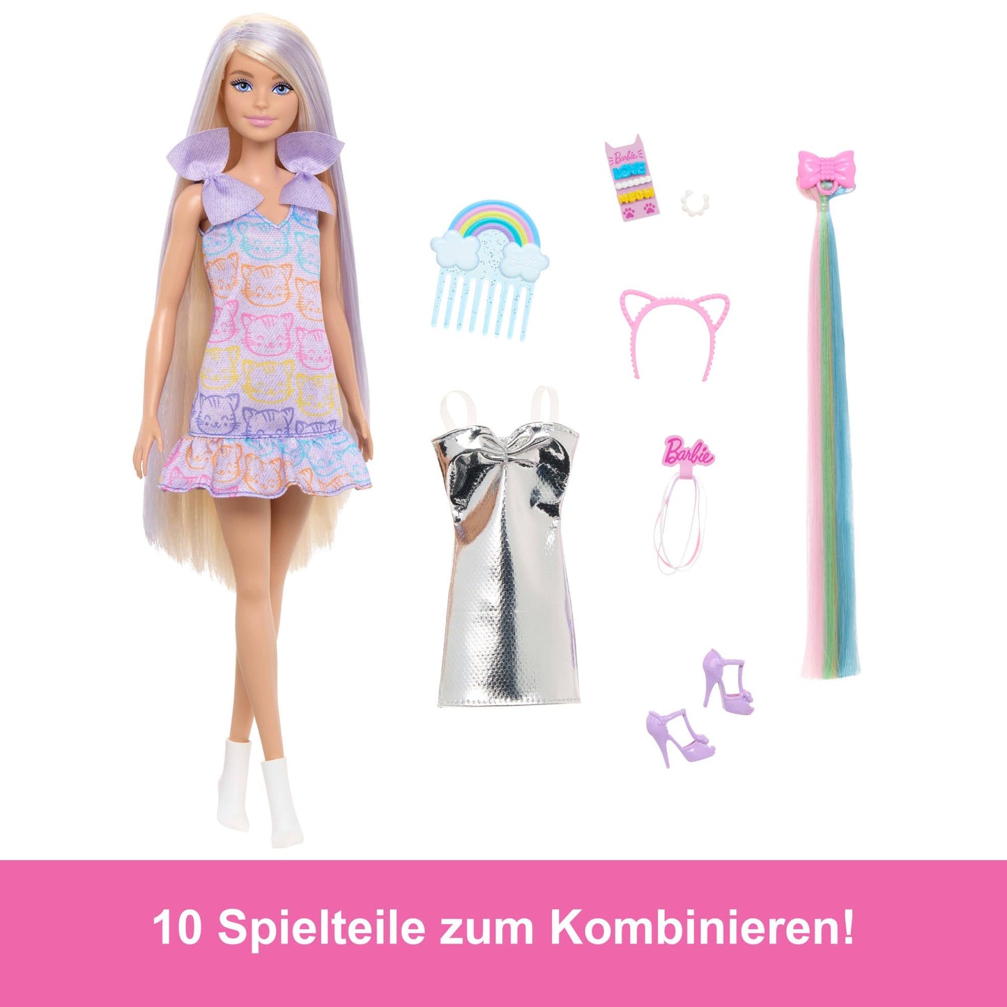 Barbie Fun & Fancy doll with accessories, fashion doll with extra long blonde hair and 2 looks, including silver metallic dress and hair extensions, JCT72, [Multicolor]