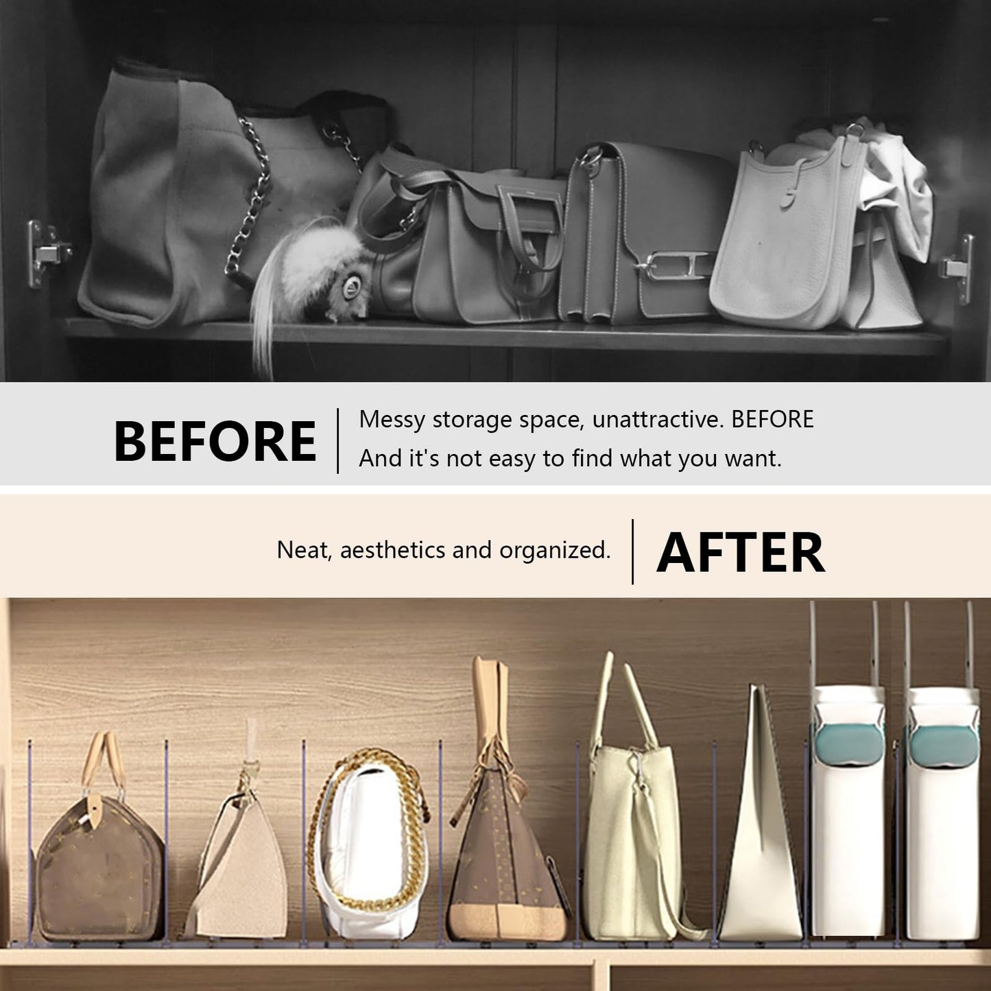 5 transparent plastic shelf dividers for cabinets, perfect for handbags, wallets, clothing, and more. Removable and ideal for organizing bedroom, kitchen, or office cabinets.