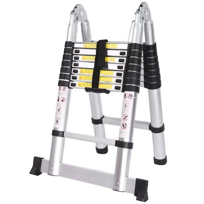 Meditool 5M Aluminum Telescoping Ladder Folding Extendable Multipurpose Ladder Leaning Ladder made of high-quality aluminum telescopic design 150 kg capacity, 8X8 rungs, Silver/Black