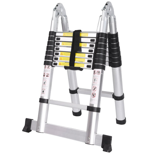 Meditool 5M Aluminum Telescoping Ladder Folding Extendable Multipurpose Ladder Leaning Ladder made of high-quality aluminum telescopic design 150 kg capacity, 8X8 rungs, Silver/Black