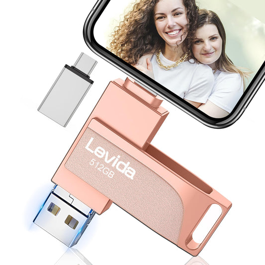 512GB USB stick for Phone, Levida flash drive, Photostick, External storage 4 in 1, Fotostick 3.0, Flash drive for mobile, iOS, Android, iPad, Laptop, PC (Mobile memory, Automatic photo backup), Light pink.