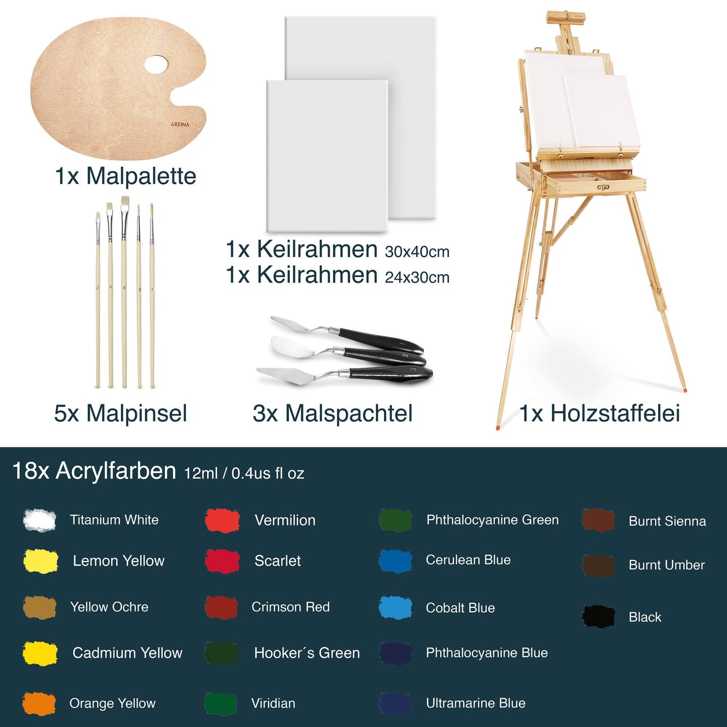 Artina 30-piece easel set Madrid - portable easel with XXL acrylic canvas painting set - field easel with 90° tilt - wooden easel set with 18 acrylic paints, 2 stretcher frames, brushes, and painting spatulas.