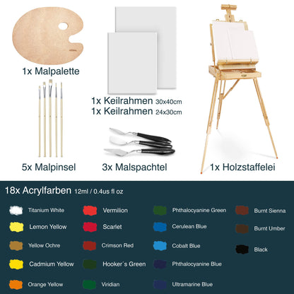 Artina 30-piece easel set Madrid - portable easel with XXL acrylic canvas painting set - field easel with 90° tilt - wooden easel set with 18 acrylic paints, 2 stretcher frames, brushes, and painting spatulas.