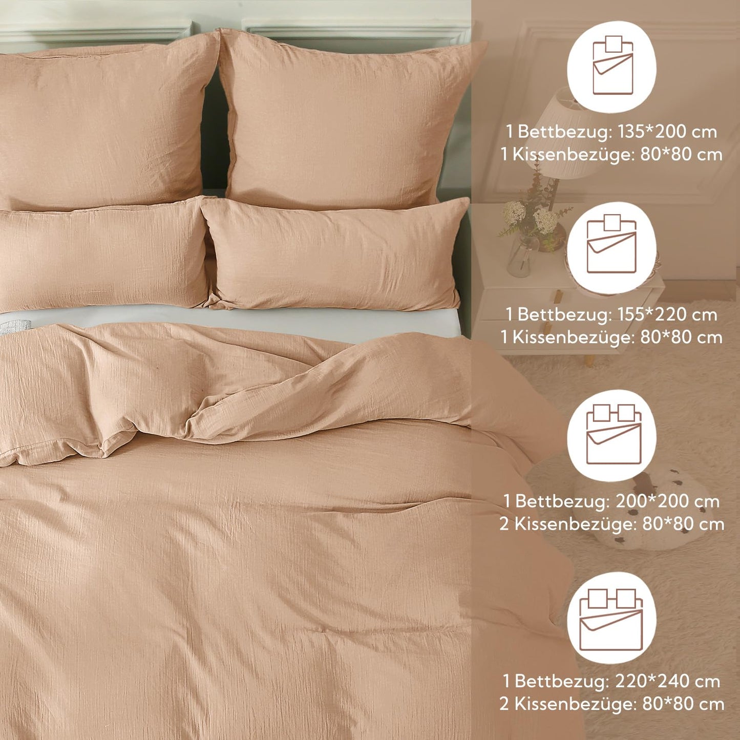 SOULFUL Double Muslin Bedding 135x200 Cotton, Bedding Sets 1 Set Duvet Cover with 1 Pillowcase 80x80 cm, ÖKO-TEX Bedding Apricot Brown with Zipper