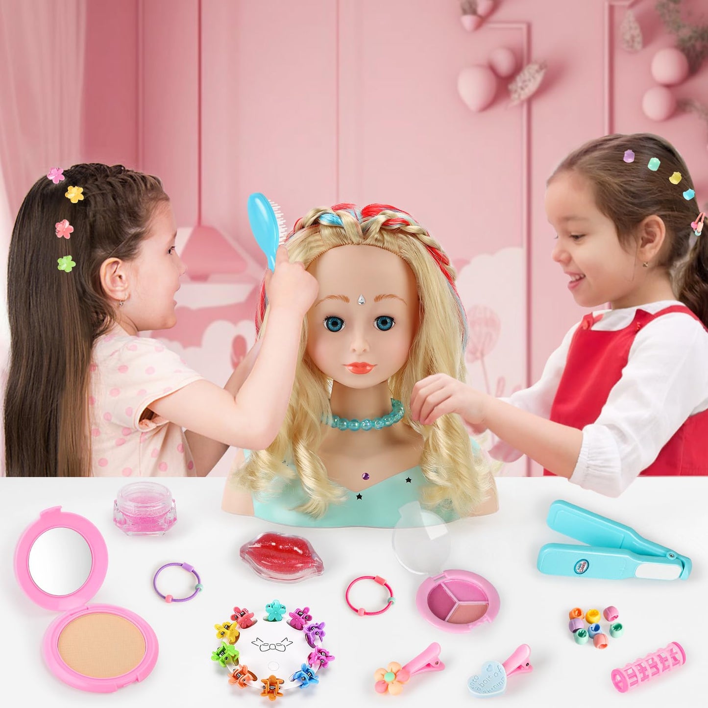 BuzzoXerex Styling Head Kid Set, 58 Piece Makeup Head for Girls Washable, Doll Head for Styling Kids with Hair Accessories and Cosmetics Birthday Christmas Gifts for 3 and up (Blue)