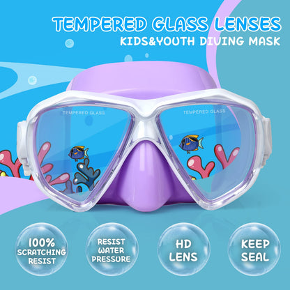 Children Diving Mask, 180° Anti-Fog Kids Swim Mask Tempered Glass Swimming Goggles with Nose Guard Anti-Leak Diving Mask for 4-15 Boys Girls Youth (Purple)