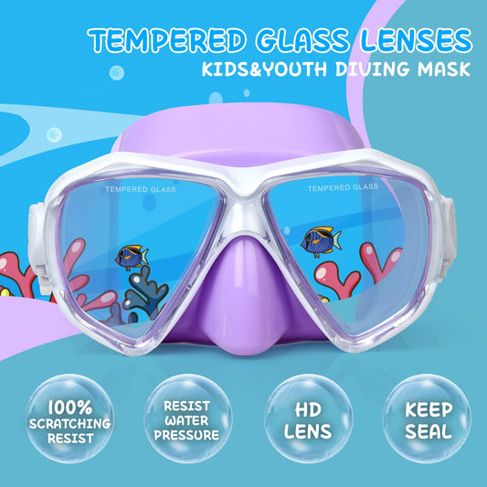 Children Diving Mask, 180° Anti-Fog Kids Swim Mask Tempered Glass Swimming Goggles with Nose Guard Anti-Leak Diving Mask for 4-15 Boys Girls Youth (Purple)