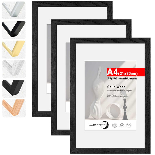 HIMEETIME® 3x Picture Frames DIN A4 21x30 cm Black Wood Photo Frames made of solid wood frame 21x29.7 cm, for pictures A5 15x21cm with mat, for wall hanging or table decoration
