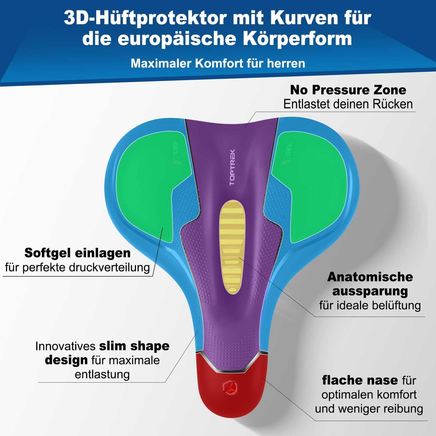 Toptrek bike saddle for men and women, comfortable and soft, ergonomic design for pain-free cycling. 2025 upgraded bike seat, breathable and shock-absorbing for e-bikes, mountain bikes, road bikes, and city bikes.