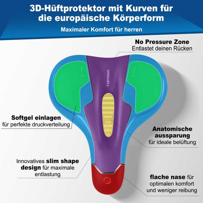Toptrek bike saddle for men and women, comfortable and soft, ergonomic design for pain-free cycling. 2025 upgraded bike seat, breathable and shock-absorbing for e-bikes, mountain bikes, road bikes, and city bikes.