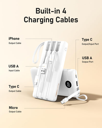 Powerbank 10000mAh Power Bank with Cable VEEKTOMX USB C Powerbank External Mobile Batteries with 5 Outputs LED Display External Battery Compatible with iPhone/Samsung Galaxy/Xiaomi/Huawei/iPad, etc.