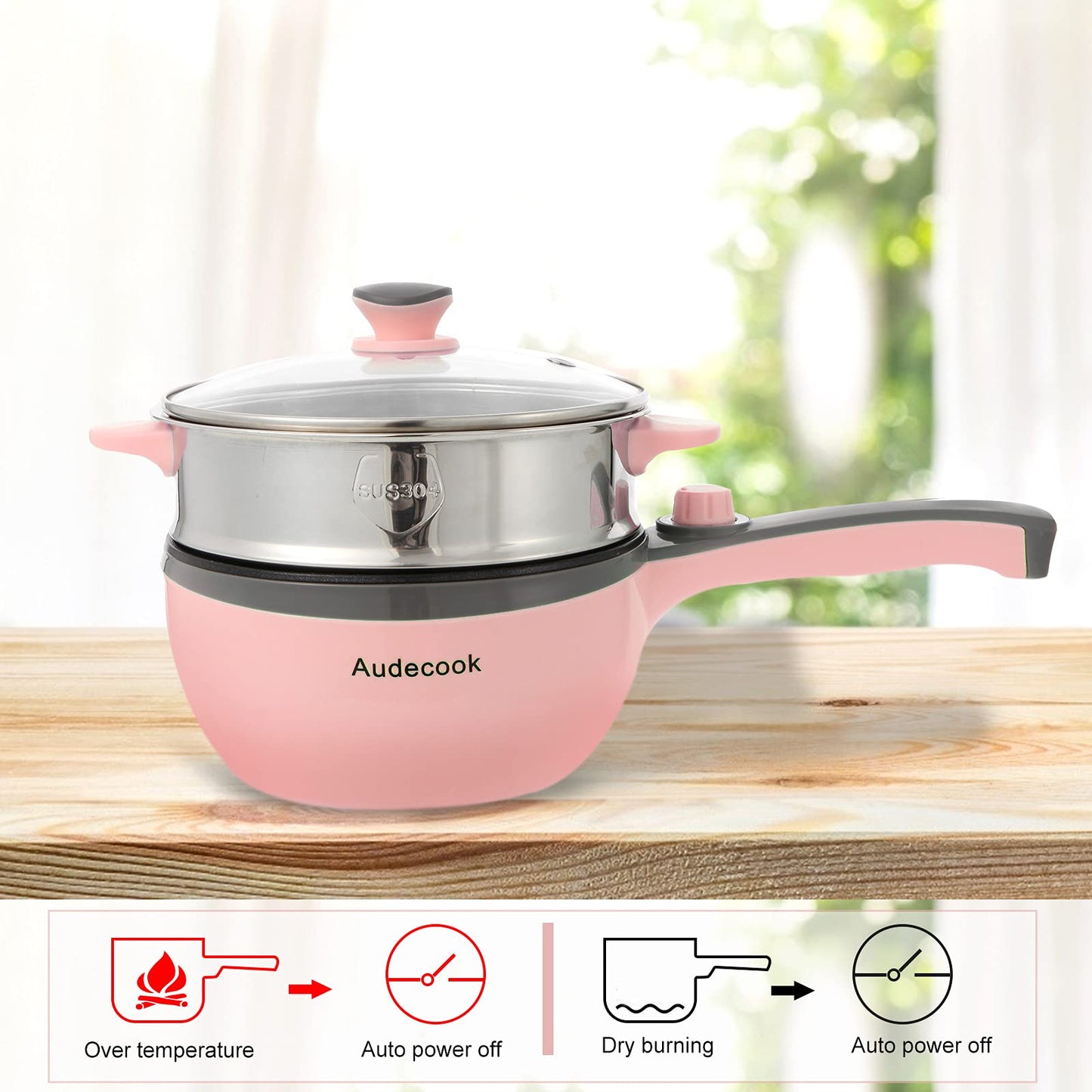 Audecook Electric Hot Pot with Steamer, 1.5 L/20cm Electric Frying Pan Hotpot Pot Non-Stick Mini Electric Skillet, Multicooker for Dorm Ramen, Steak (C (pink/1.5l with steamer))