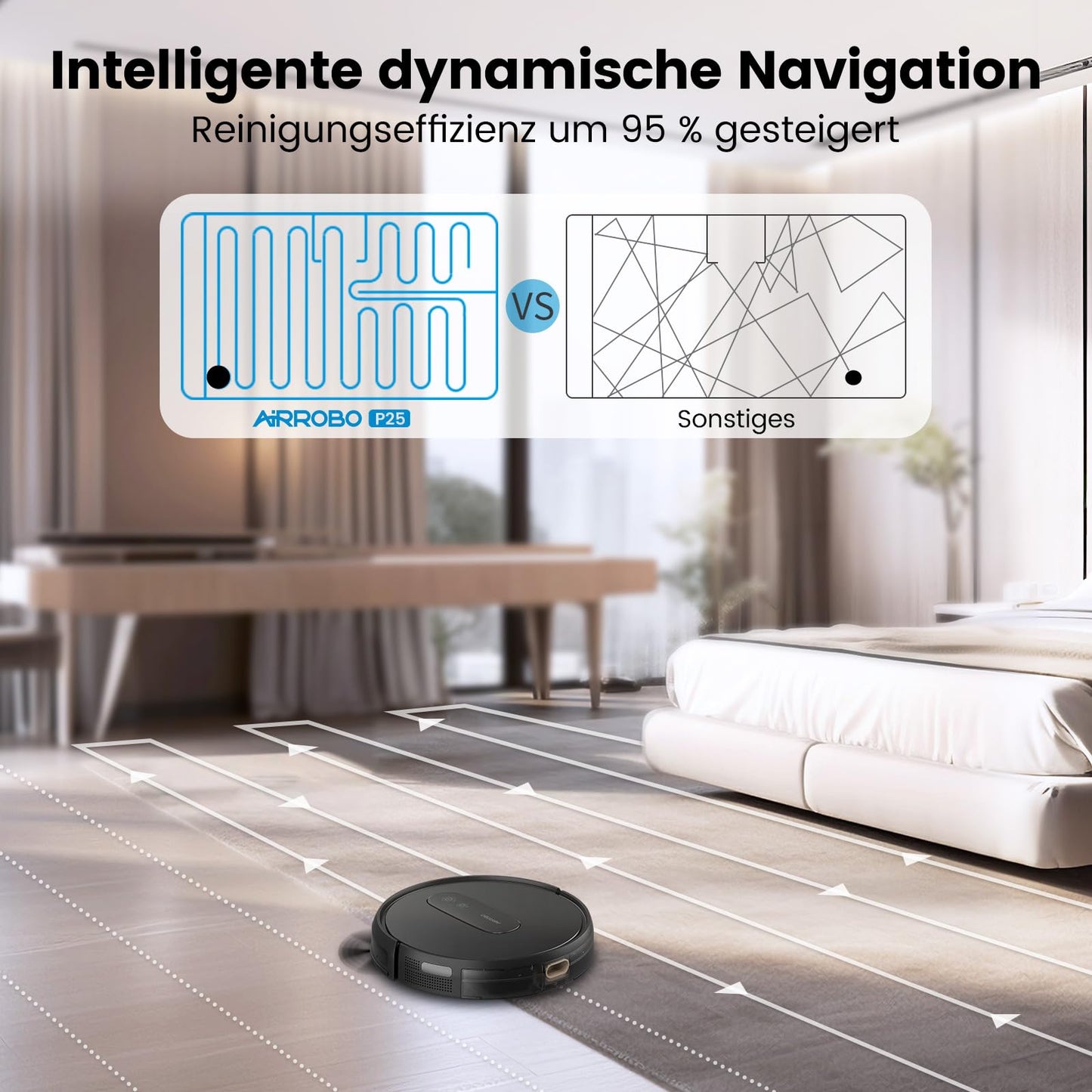 AIRROBO P25 robot vacuum cleaner with 2800 Pa suction power, suitable for pet hair, hard floors, and carpets. Compatible with Alexa and app control, with a running time of 120 minutes and a remote control.