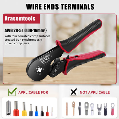 Wire end sleeves crimping pliers, 0.08-16mm²/AWG 28-5 crimping tools, wire crimping pliers, self-locking ratchet crimping pliers, 16mm² bootlace wire end sleeves crimping pliers.