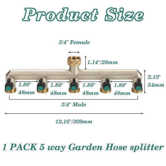 Brass water connection splitter 5-way splitter water 3/4 inch for 5 devices/garden hoses, hose splitter faucet splitter with ball valve for adjusting and shutting off water flow.