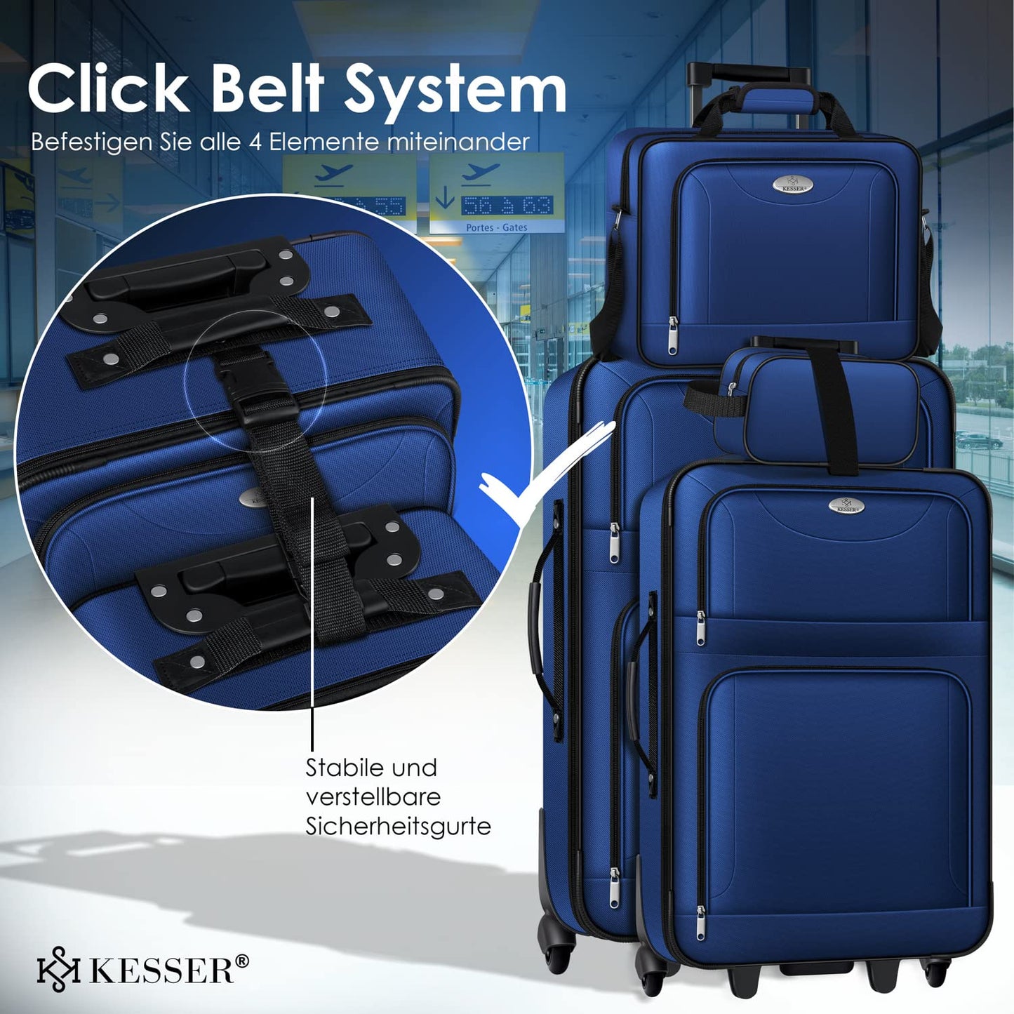 KESSER® 4pc Trolley Luggage Set | Travel Suitcase Set with Wheels | Complete Business 4pc Set | S M L XL | Mesh Pocket | Telescopic Handle | Fabric Travel Bags | Carry-on | Blue