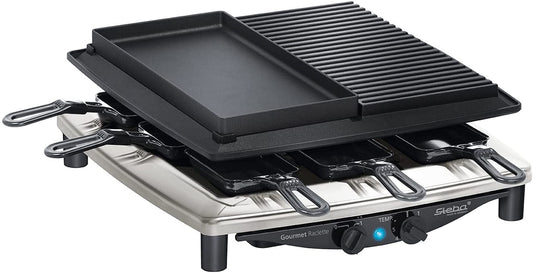 Steba Premium Raclette RC 4 Plus Deluxe Chrome | Made IN Germany | Non-stick die-cast grill plate | Natural stone grill plate, cut and scratch resistant | Includes reversible cast pan with smooth surface.