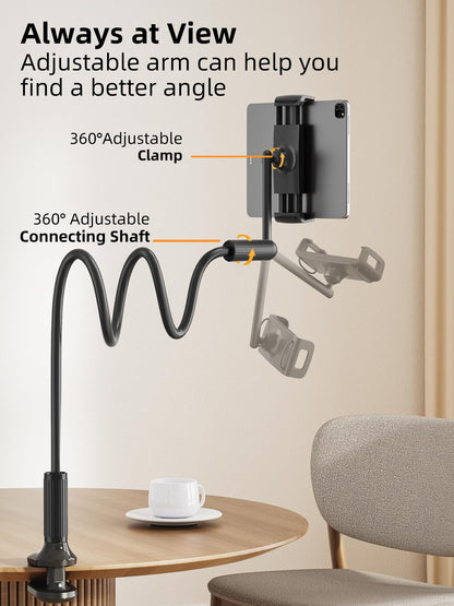 SAIJI 120CM Upgraded Gooseneck Tablet Holder, One-Hand Adjustable iPad Holder for Bed, Kindle Holder for Bedtime Reading, Compatible with iPad iPhone, Fire, All Devices from 4.7-13"