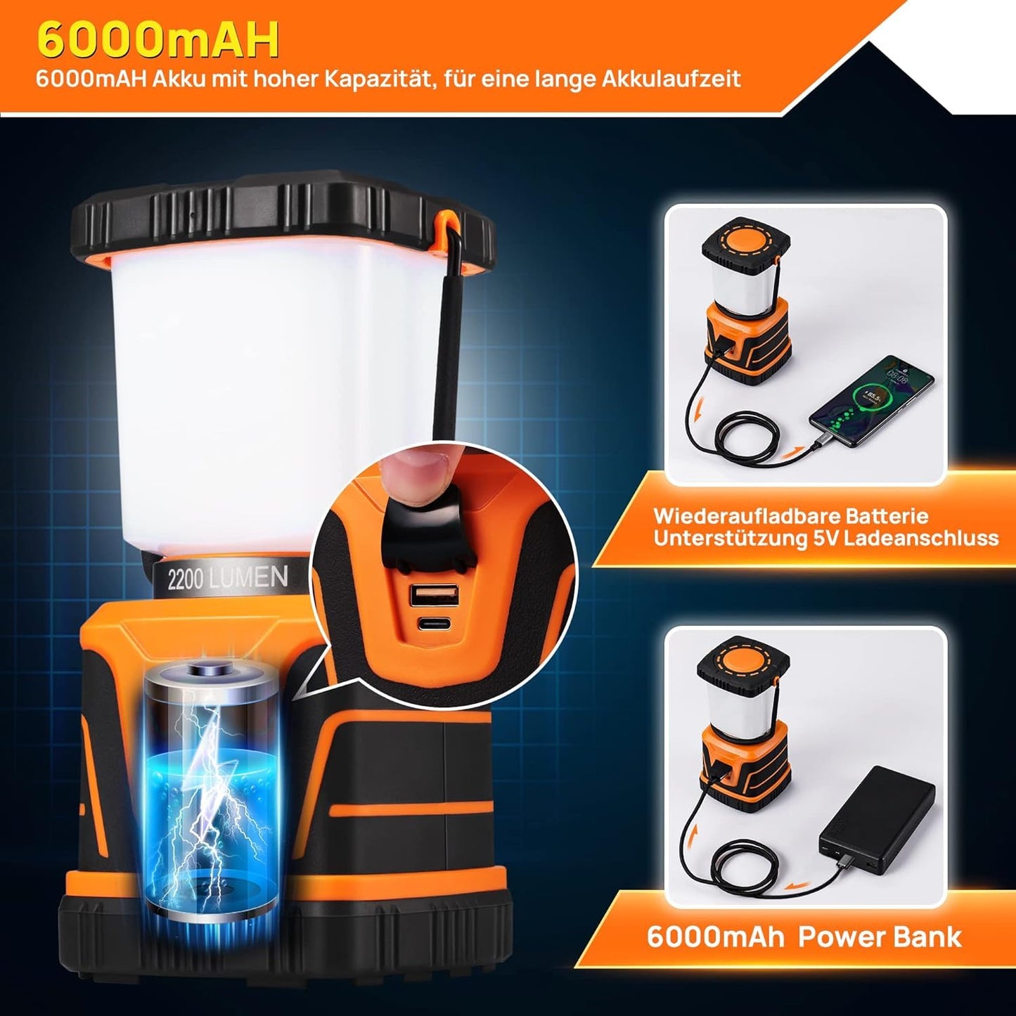 FLOWood super bright rechargeable camping lantern, 2200 lumens 6000mAh battery LED camping lantern, IP54 camping lights, 4 light modes dimmable, camping light tent lamp for hiking emergency equipment power outage