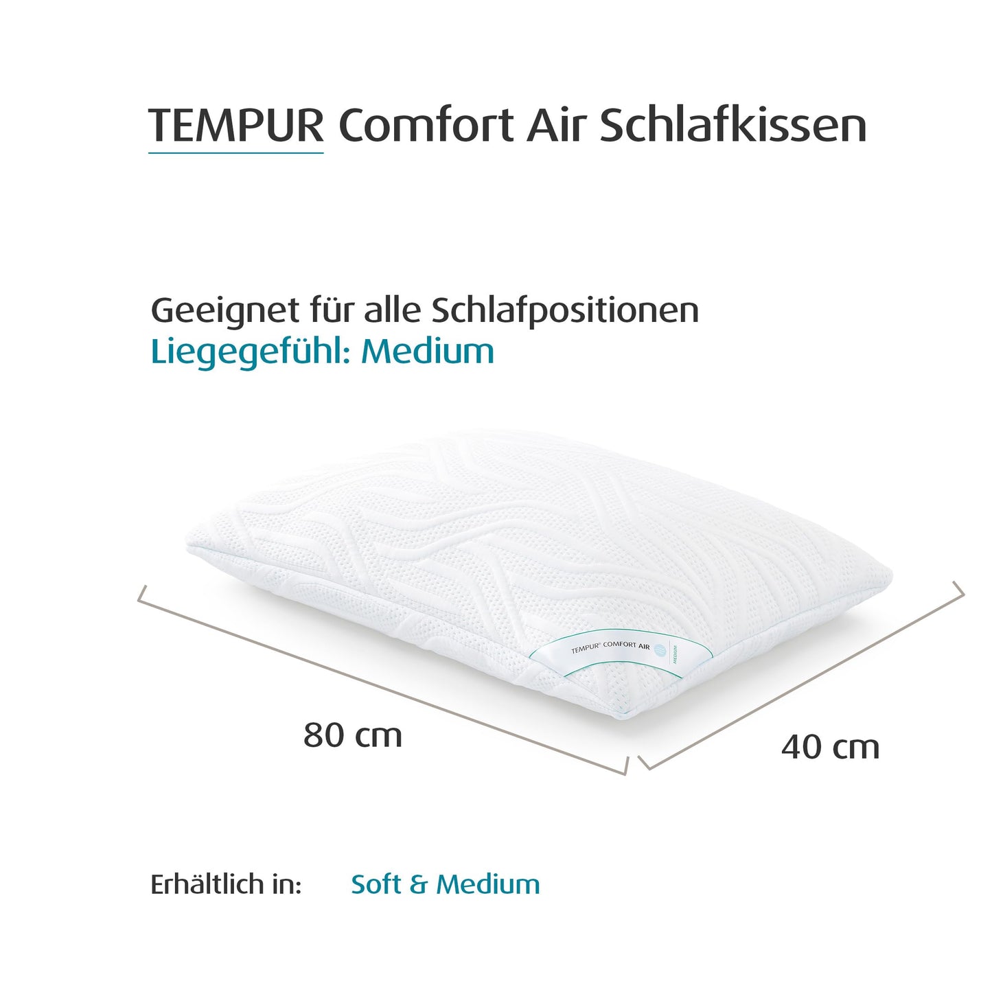 TEMPUR Comfort Air Medium Pillow, breathable pillow for every sleeping position, OEKO-TEX MADE IN GREEN certified, medium-firm feel, 40 x 80 cm.