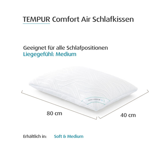 TEMPUR Comfort Air Medium Pillow, breathable pillow for every sleeping position, OEKO-TEX MADE IN GREEN certified, medium-firm feel, 40 x 80 cm.