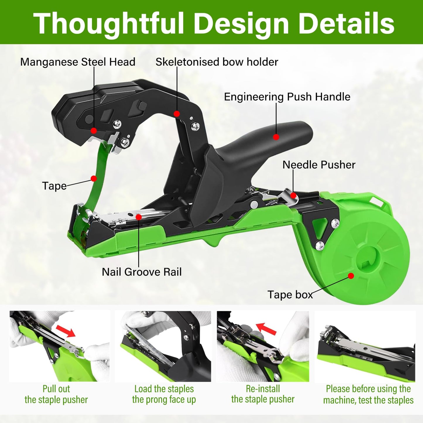 Plant tying machine tape tool with 1 box of staples and 20 rolls for tomatoes, vines, fruit, grapes.