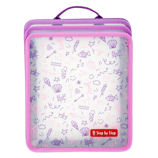 Step by step Folding magazine file, pink, with 3 compartments for magazines, file folders, notepads, A4 size, with extra tab for 30 cm ruler.