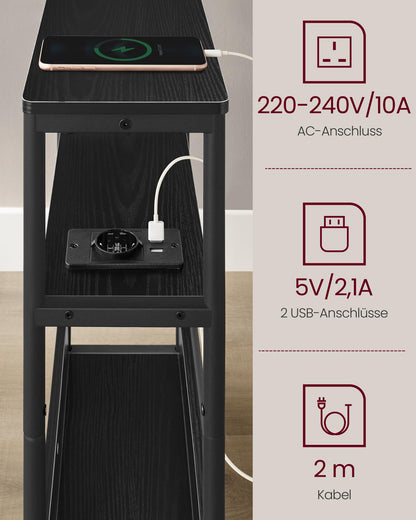 VASAGLE Narrow Side Table, Nightstand with Charging Function, Small Coffee Table, 3 Shelves, Magazine Holder, for Living Room, Bedroom, Home Office, Ebony Black-Ink Black LET335B02