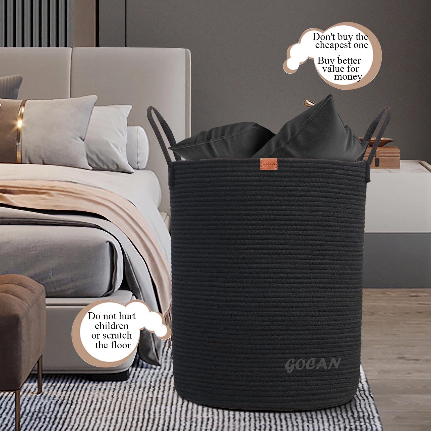 GOCAN Large High Sturdy Laundry Hamper Basket Woven Storage Baskets for Clothes Pillows Blankets Toys in Living or Bedroom Decoration H50XT38cm Black