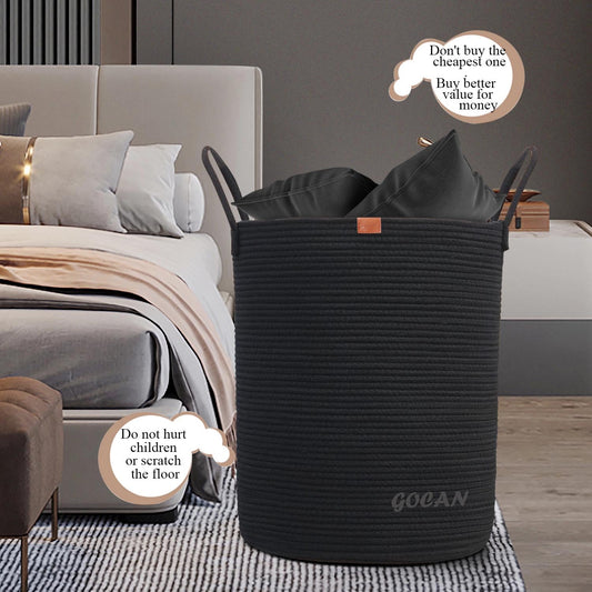 GOCAN Large High Sturdy Laundry Hamper Basket Woven Storage Baskets for Clothes Pillows Blankets Toys in Living or Bedroom Decoration H50XT38cm Black